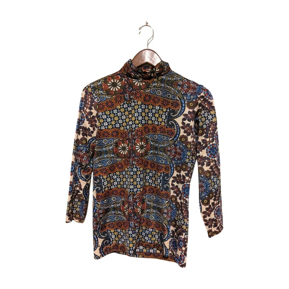 Vintage 70s Alfred Dunner M B40 Double Knit Turtleneck Shirt Zip Back Hippie